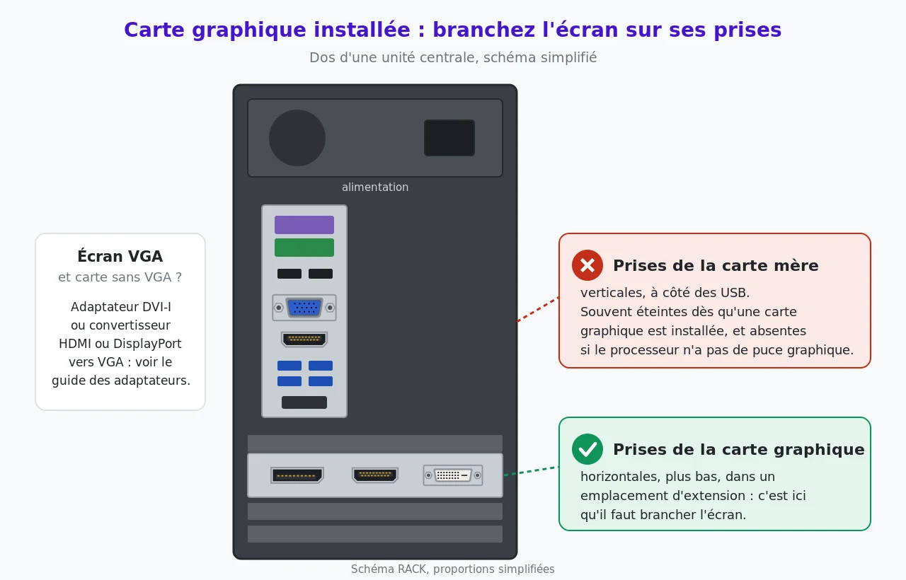 Dos d'une unité centrale : en haut, la plaque verticale de la carte mère avec des prises VGA et HDMI barrées en rouge ; plus bas, la plaque horizontale d'une carte graphique avec ses prises DisplayPort, HDMI et DVI, cochées en vert