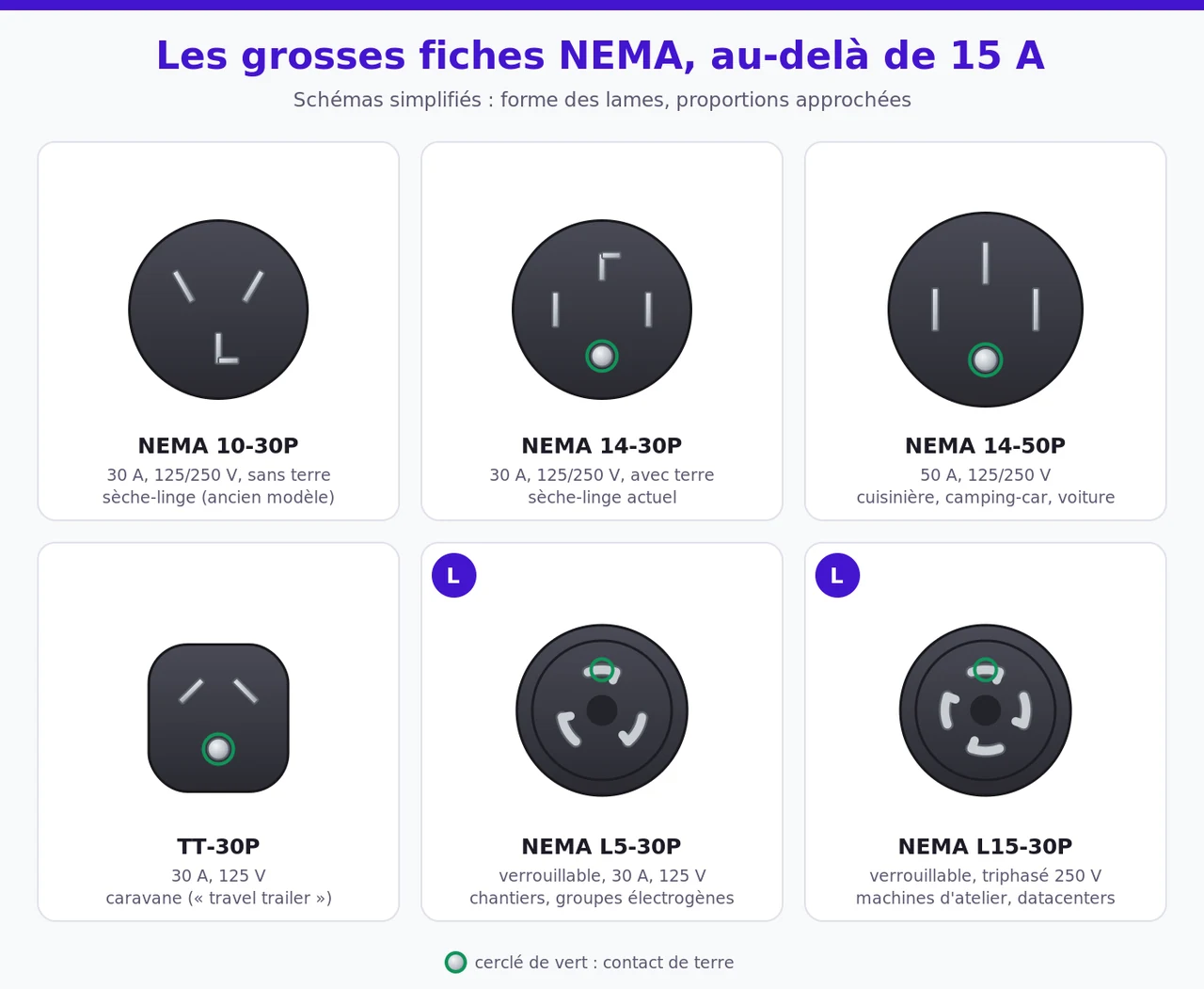 Six grosses fiches NEMA : 10-30 et 14-30 pour sèche-linge, 14-50 pour cuisinière et véhicule, TT-30 pour caravane, et fiches verrouillables L5-30 et L15-30 à lames courbes