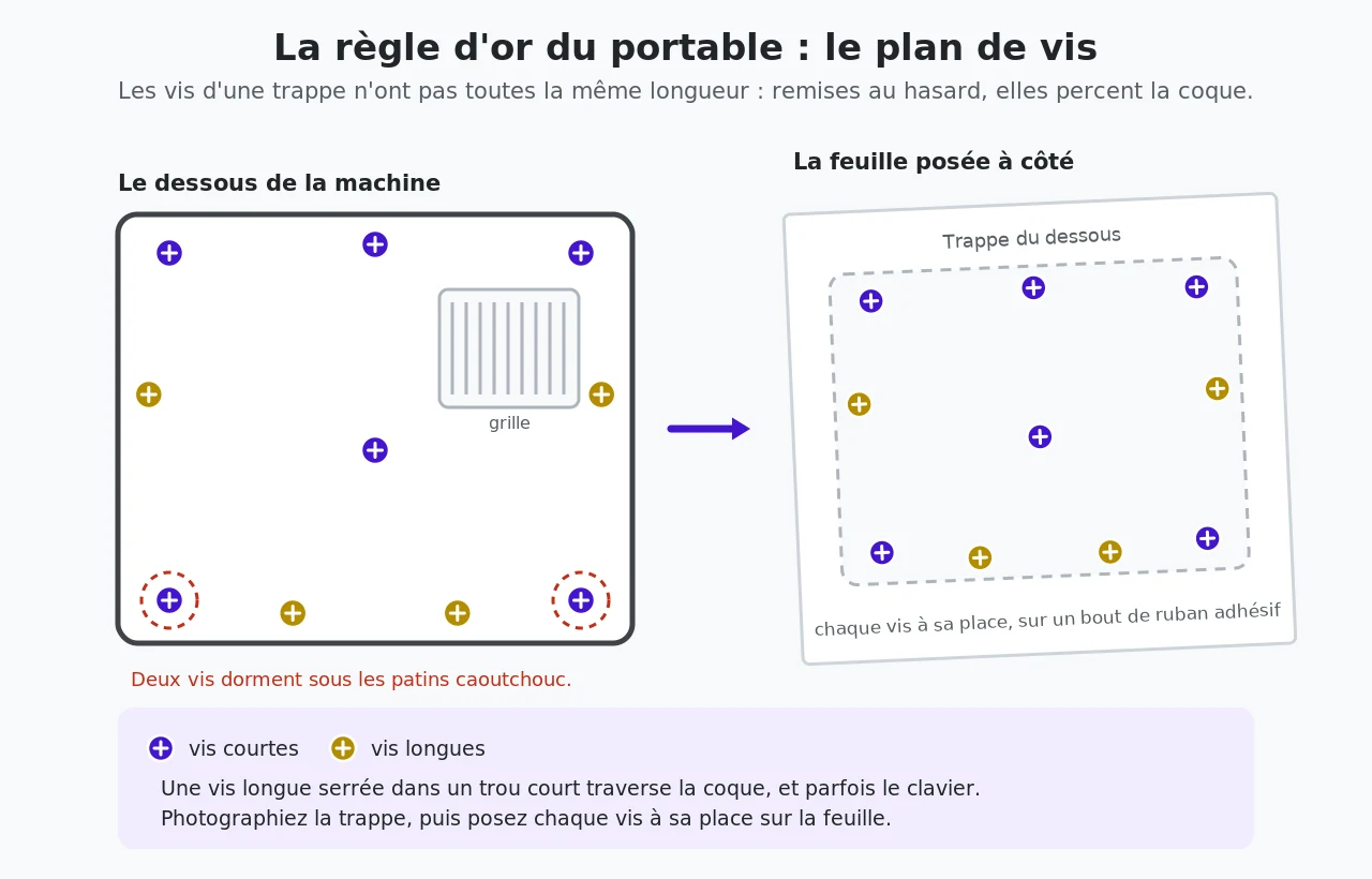 Schéma montrant le dessous d'un portable avec ses vis de longueurs différentes, et la feuille de papier servant à noter la position de chaque vis