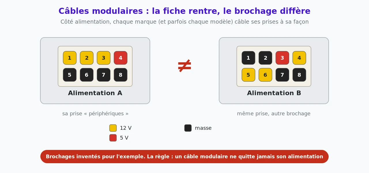 Deux alimentations modulaires dont la prise périphériques a la même forme mais un brochage différent, l'une avec le 12 V sur la rangée du haut, l'autre sur la rangée du bas