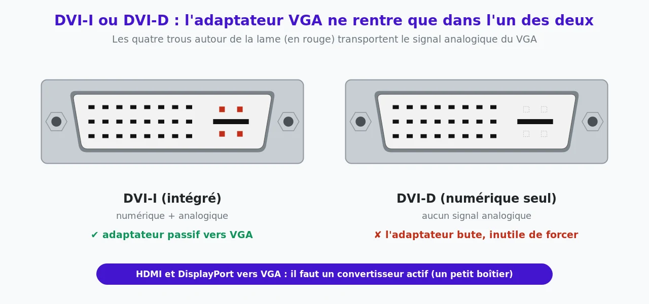 Comparaison d'une prise DVI-I, avec quatre contacts analogiques en rouge autour de la lame plate, et d'une prise DVI-D sans ces quatre contacts ; seul le DVI-I accepte un adaptateur passif vers VGA
