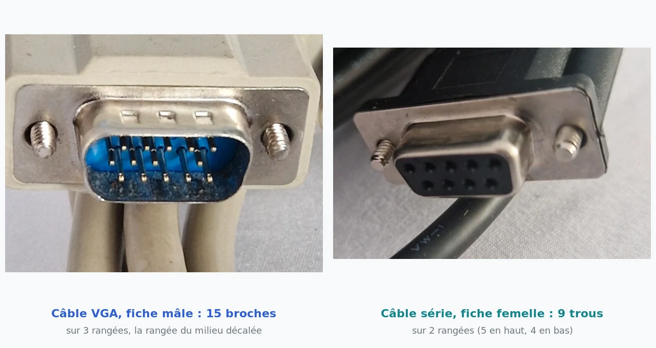 Photos de deux câbles de la câblothèque RACK : à gauche une fiche VGA mâle beige à quinze broches sur trois rangées, à droite une fiche série DE-9 femelle noire à neuf trous sur deux rangées