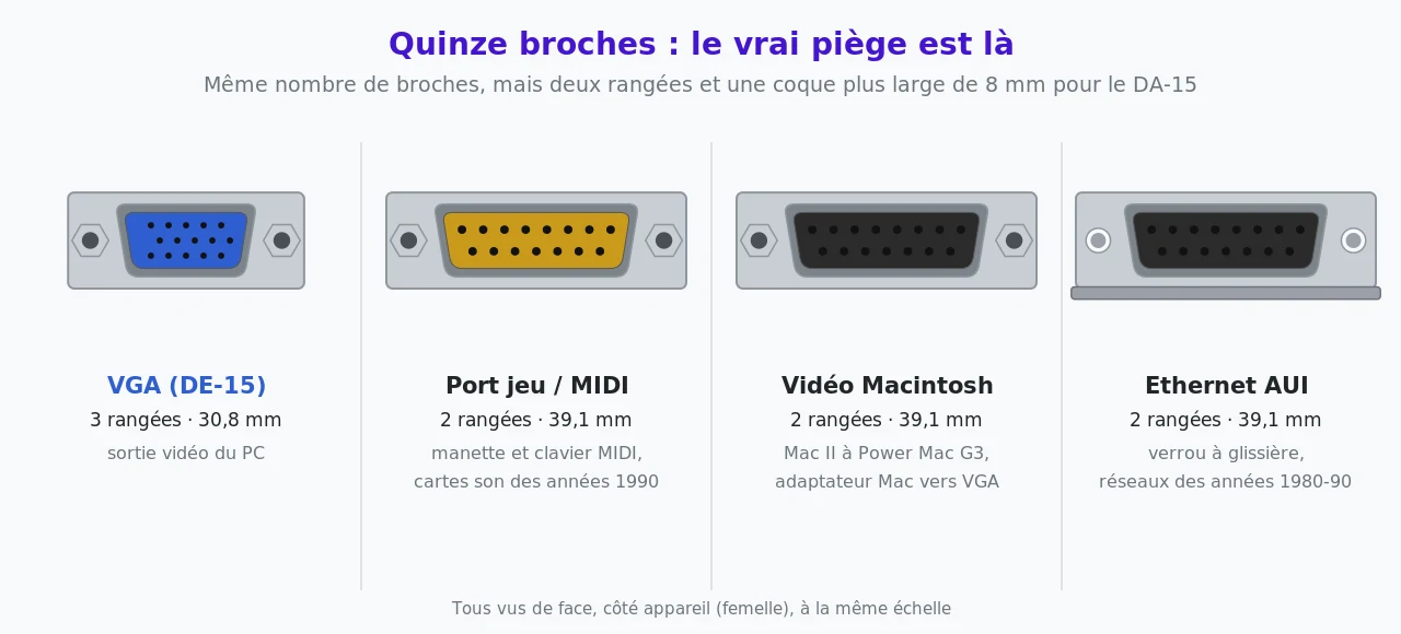 Quatre prises femelles à quinze broches à la même échelle : VGA DE-15 bleue sur trois rangées et 30,8 mm, puis trois DA-15 sur deux rangées et 39,1 mm : port jeu MIDI doré, vidéo Macintosh, et Ethernet AUI avec son verrou à glissière