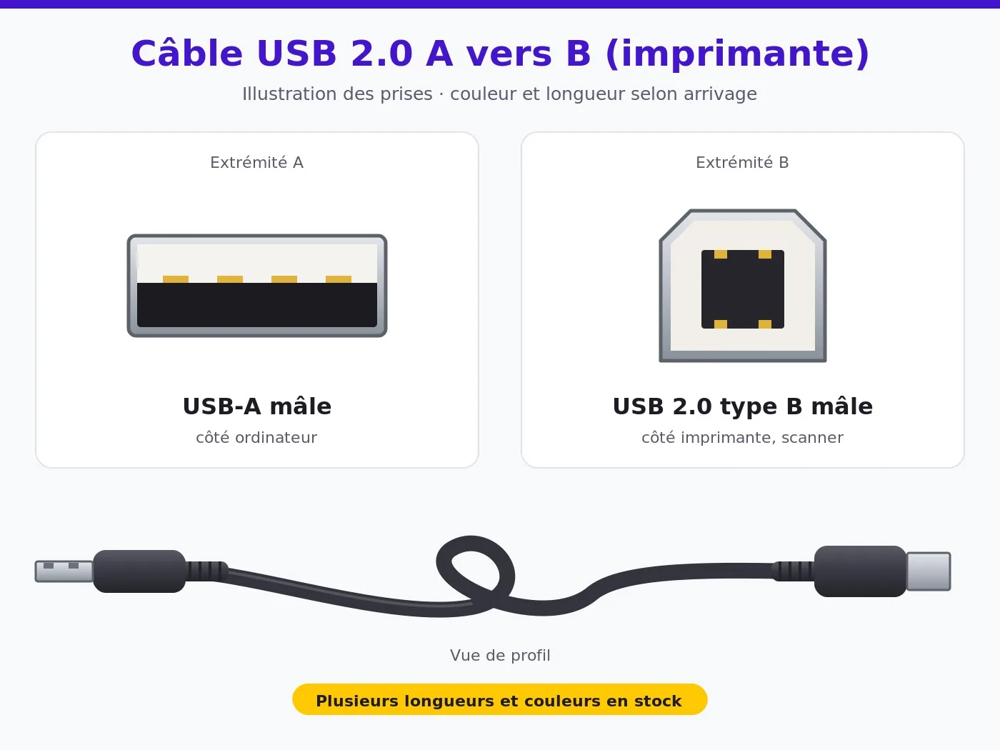 Câble USB 2.0 A mâle vers B mâle (imprimante), longueur et couleur selon arrivage