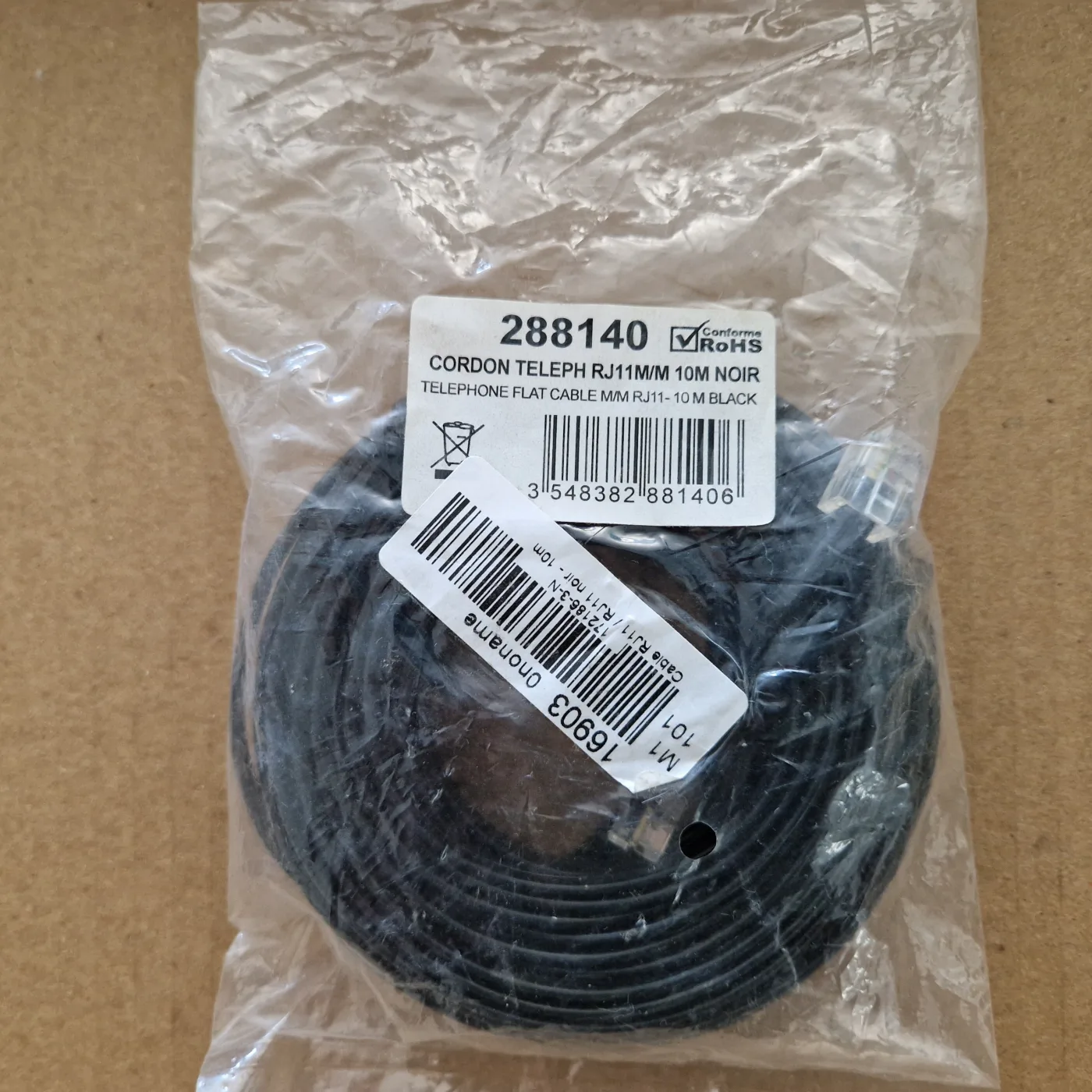Cordon téléphonique RJ11 mâle / mâle 10 m plat noir (neuf sous sachet)