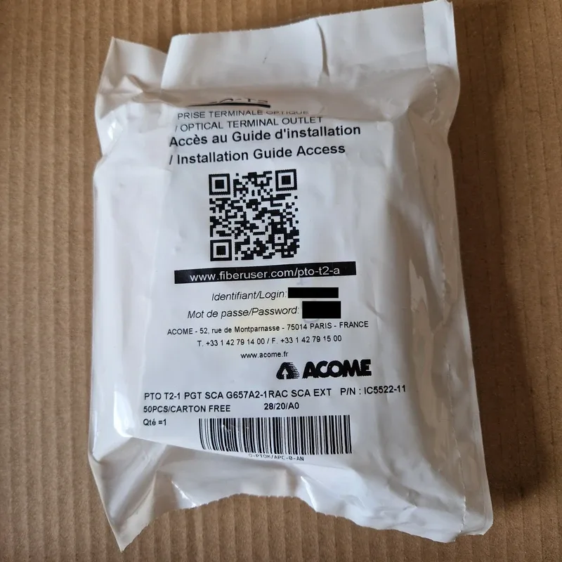 Lot de 3 prises terminales optiques (PTO) ACOME T2-1, SC/APC, fibre G657A2, neuves sous sachet, photo 3