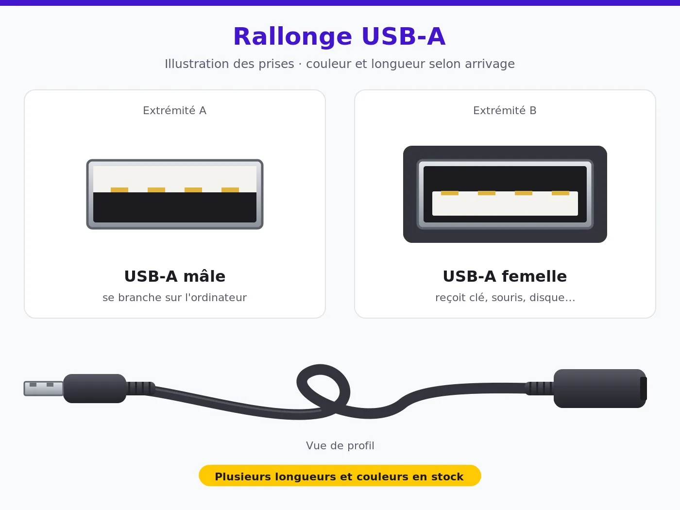 Rallonge USB-A mâle / femelle, longueur et couleur selon arrivage