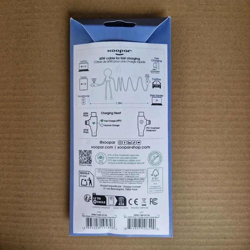 Câble de charge Xoopar Mr Bio Long 60 W, 4 en 1, 1,2 m, bleu, photo 3